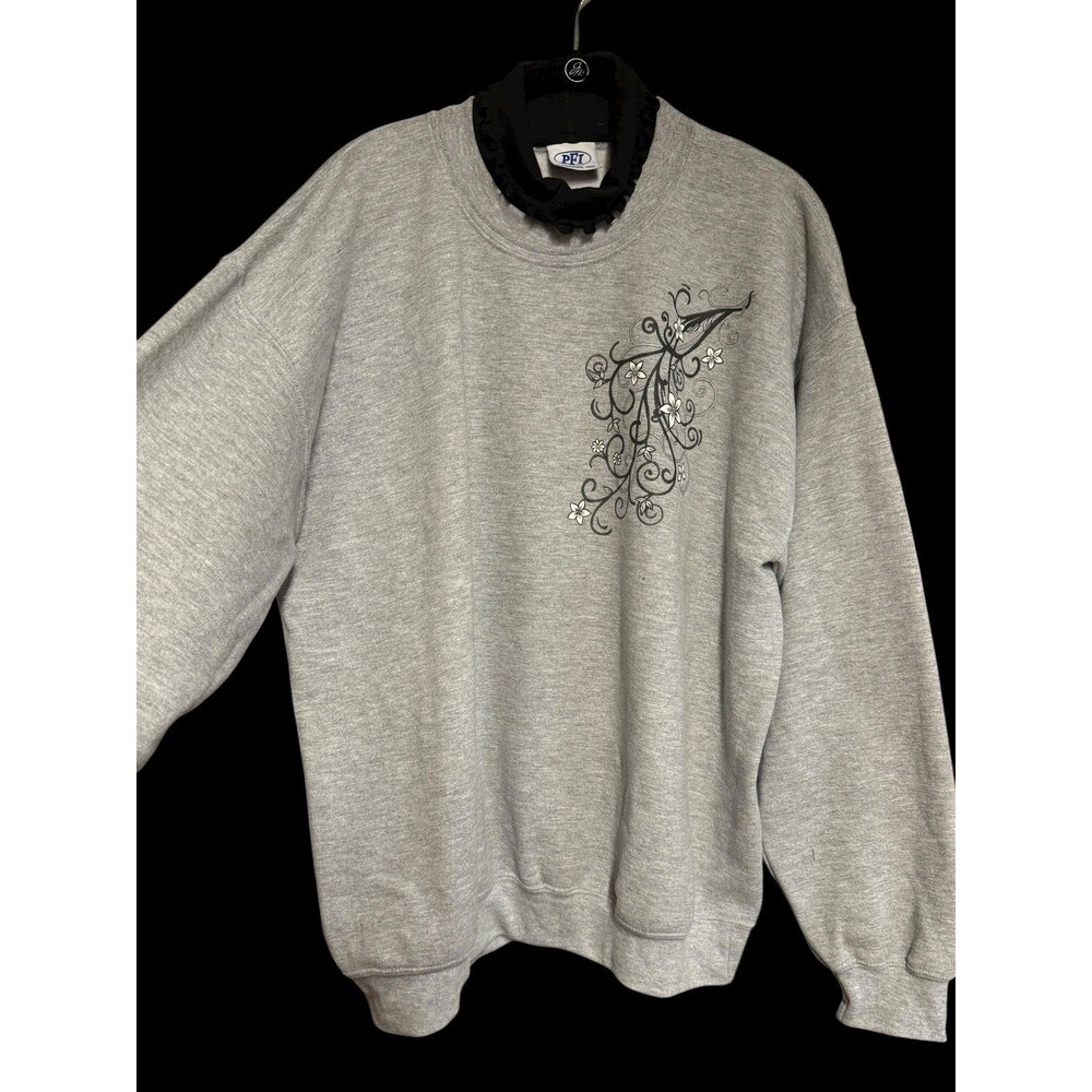 Vintage 90s PFI Fashions Gray Floral Sweatshirt with Mock Neck Ruffle Collar